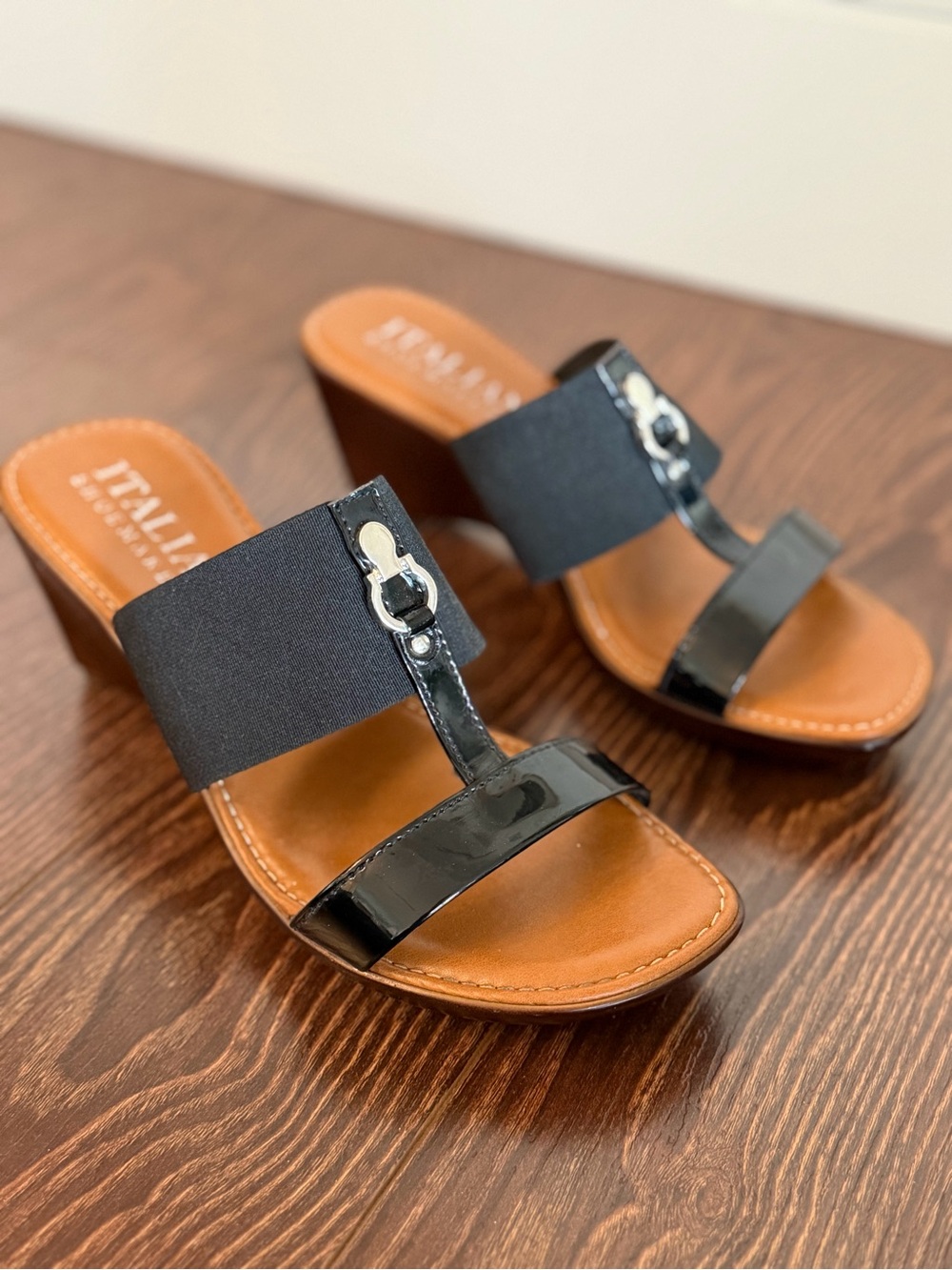 Italian Shoemakers Black Patent Slide Wedges